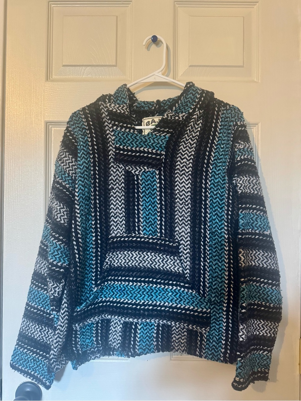 Chunky Striped Baja Crewneck Sweater in Teal, Black & White